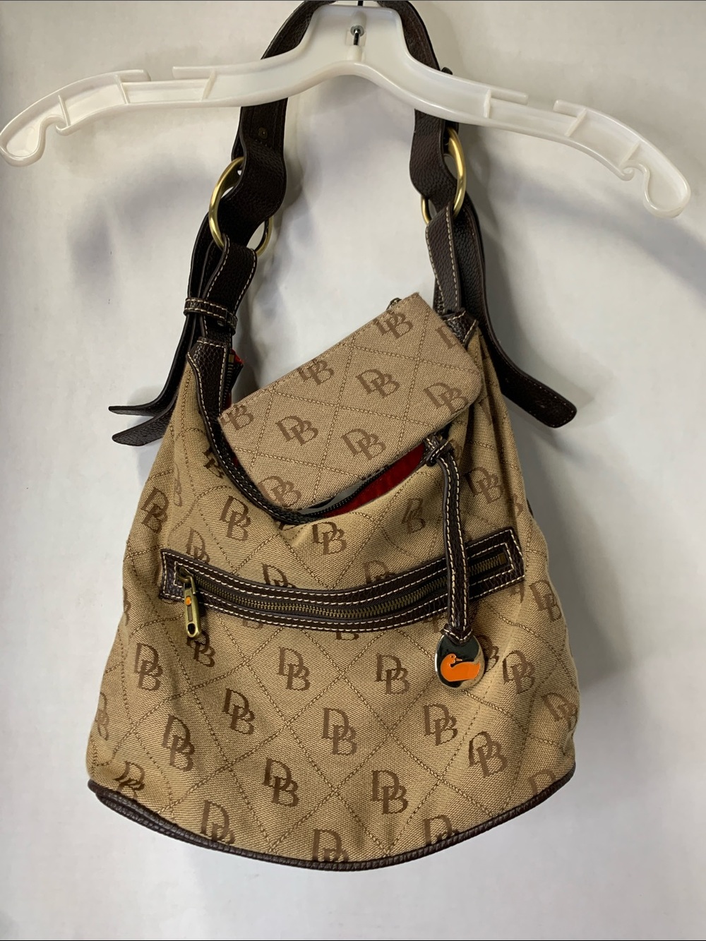 Dooney & Bourke Beige Monogram Canvas Shoulder Bag & coin purse with Brown Trim